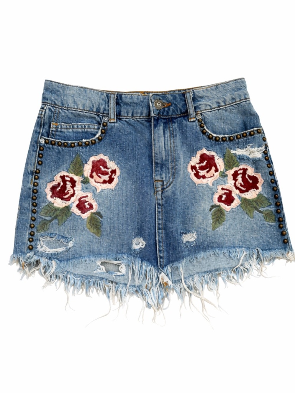 Free People Embroidered Denim Skirt Studded Floral Mini